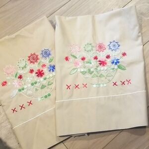 Vintage Tan Embroidered Floral Pillowcase Covers